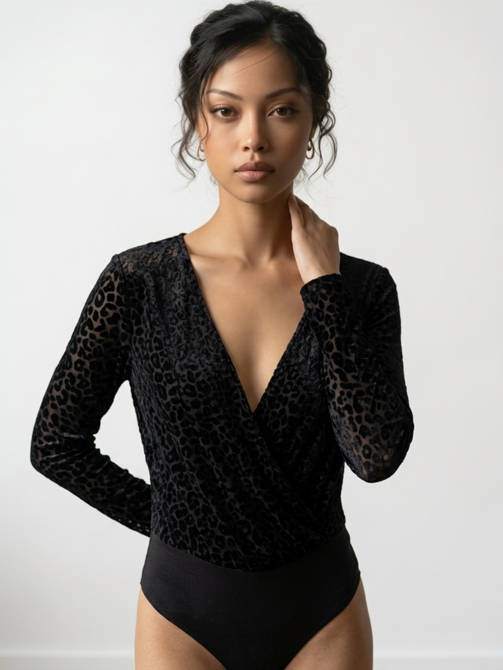 Bardot Black Sheer Velvet Leopard Bodysuit